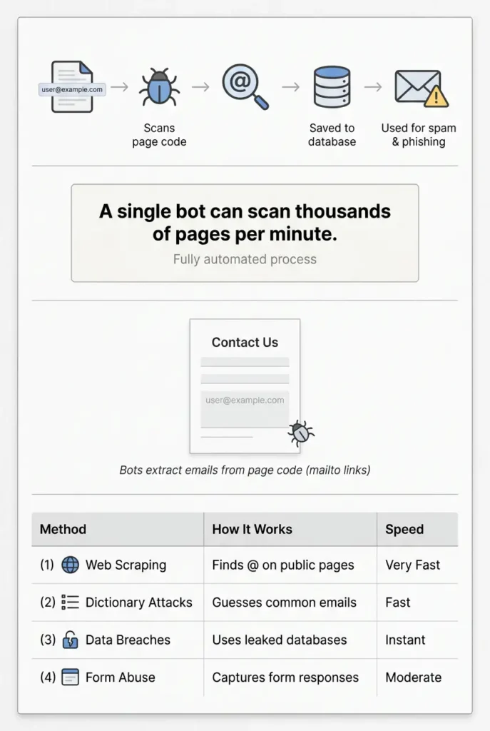 How do spam bots collect email addresses