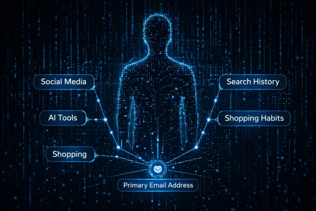 Conceptual visualization of how a primary email address connects various aspects of a user's digital identity and shadow profile.