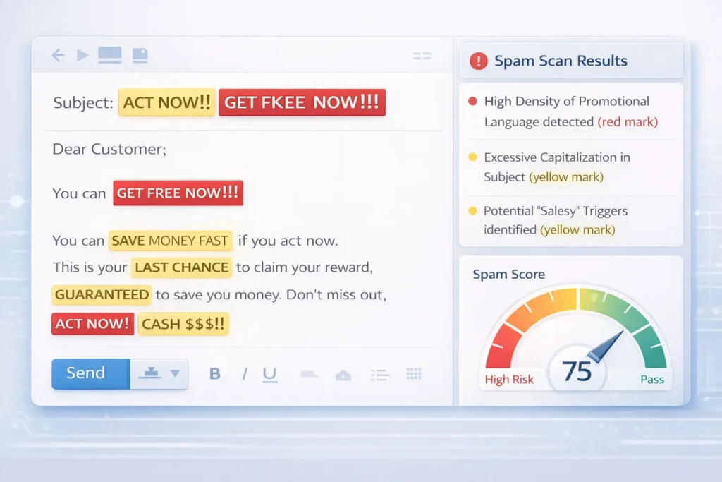 A close-up screenshot of an email editor with a built-in spam analysis tool active. The tool highlights "spammy" content within the message body, such as "ACT NOW!" and excessive capitalization, and provides a sidebar with specific feedback to improve deliverability.