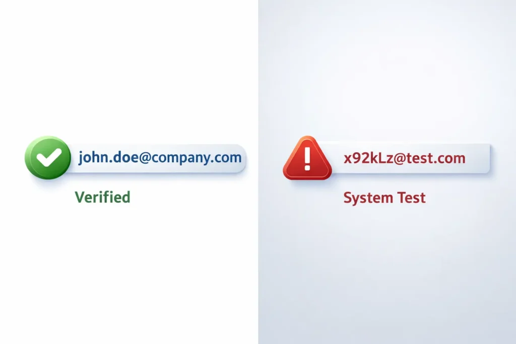 A side-by-side comparison diagram illustrating the difference between a professional email generator for naming and a fake email generator used for non-functional system testing.