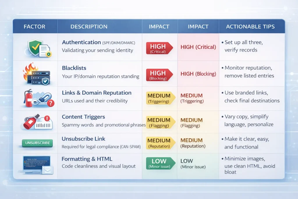 An illustrated infographic table summarizing the key factors that influence an email spam score. It lists critical elements like SPF/DKIM authentication, domain blacklists, link reputation, and content triggers, with columns detailing their description, impact (High to Low), and actionable tips.