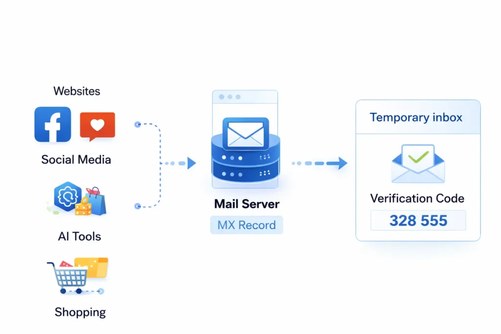 Technical flowchart explaining how MX records route incoming emails from websites to a temporary email provider's server.