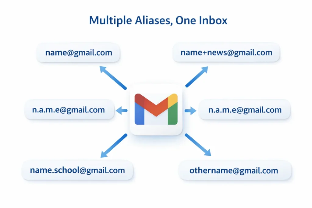 A technical diagram showing how various Gmail aliases, including "dot" and "plus" symbol variations, all route back to a single primary Gmail inbox.