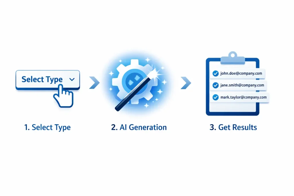 Infographic showing how to generate professional business email addresses in three steps.