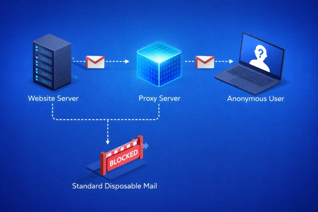 Isometric tech diagram illustrating how temporary Gmail addresses use SMTP relays and proxy servers to securely route verification emails while bypassing standard registration filters.