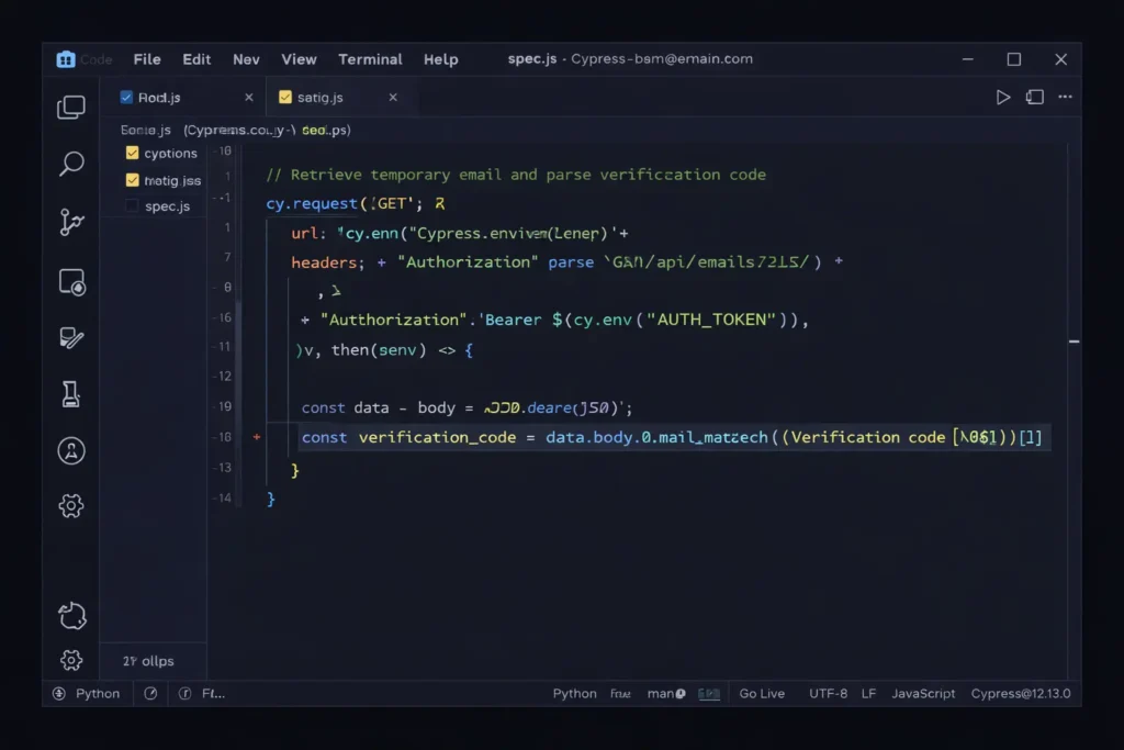 Code snippet showing the integration of a temporary email API into an automated software testing workflow using Cypress.