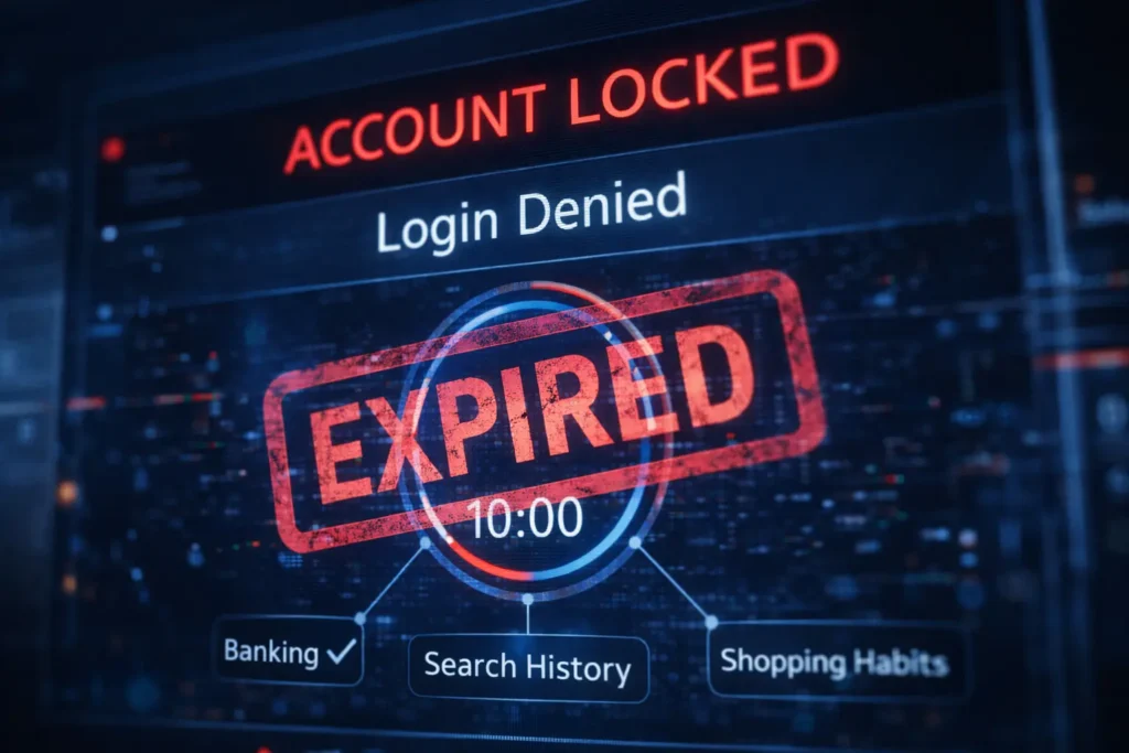 Visual warning showing an account lockout message because a temporary email address has expired