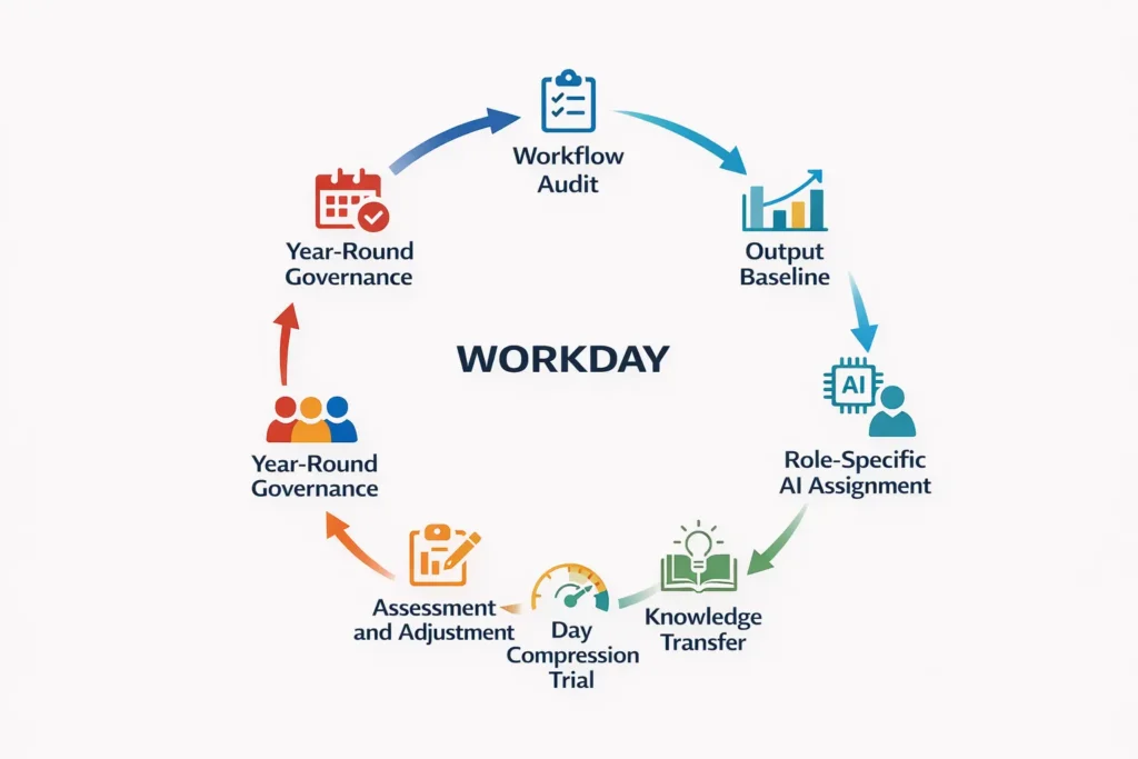 WORKDAY Framework seven-step diagram for implementing an AI-driven reduced workweek in organizations