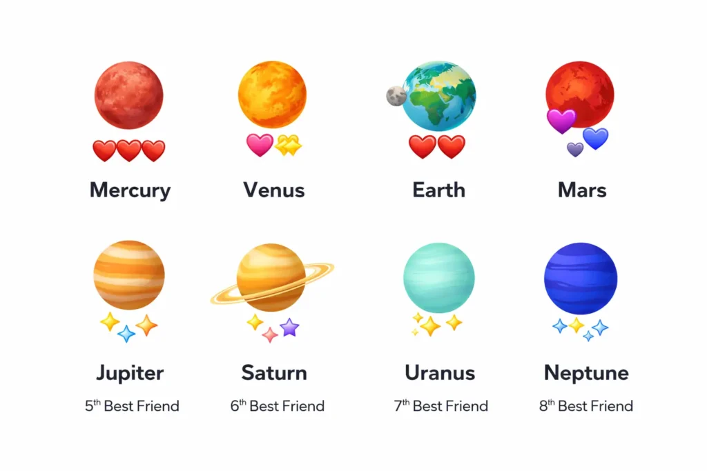 All 8 Snapchat planet badge appearances showing colors and emoji for Mercury Venus Earth Mars Jupiter Saturn Uranus and Neptune