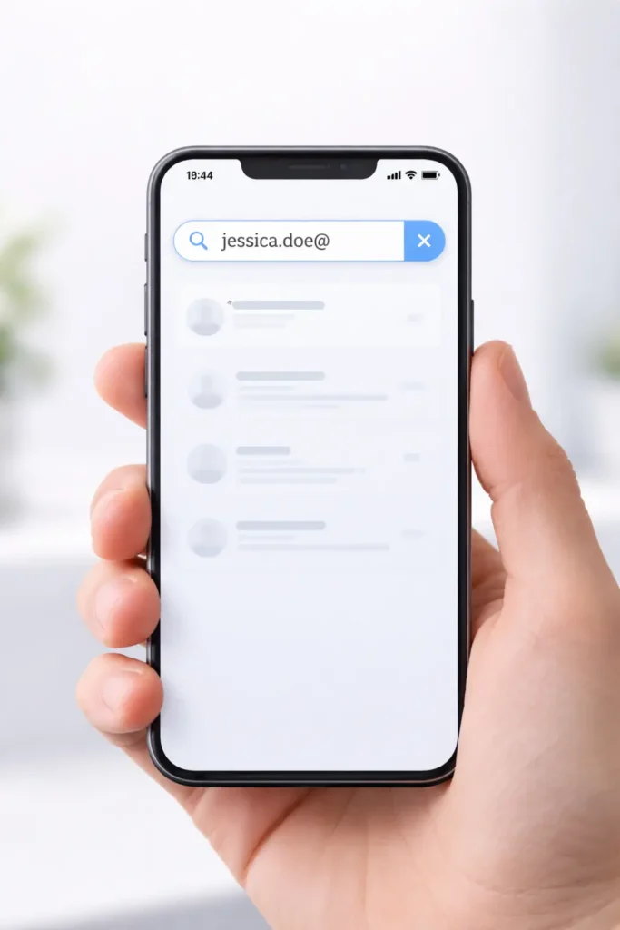 Hand holding smartphone with search bar