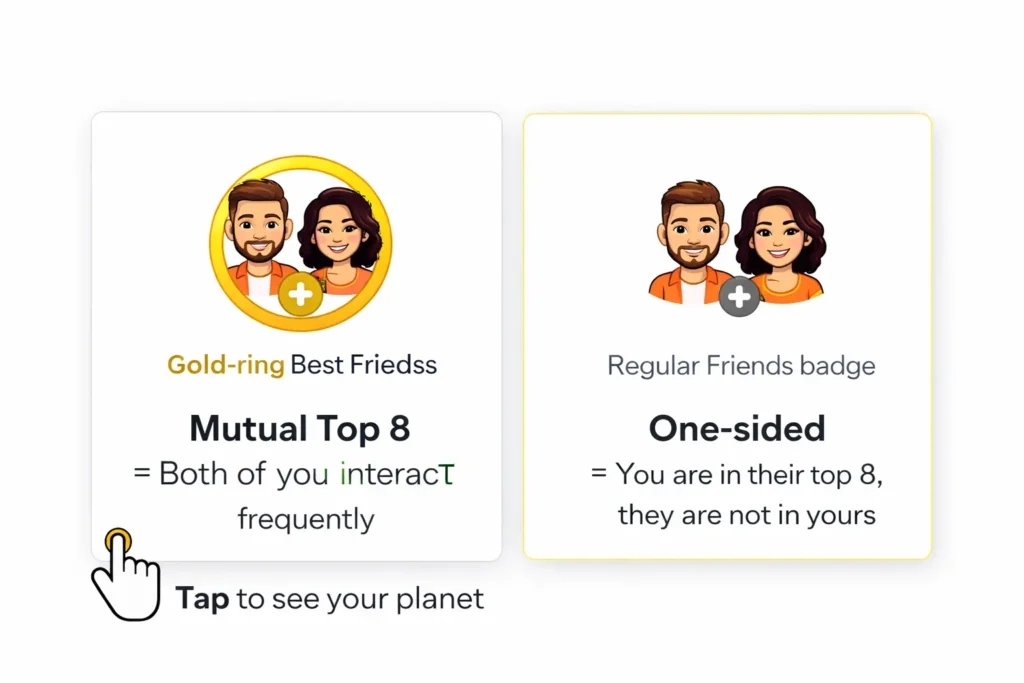 Snapchat Best Friends gold ring badge compared to regular Friends badge showing the difference between mutual and one-sided top 8