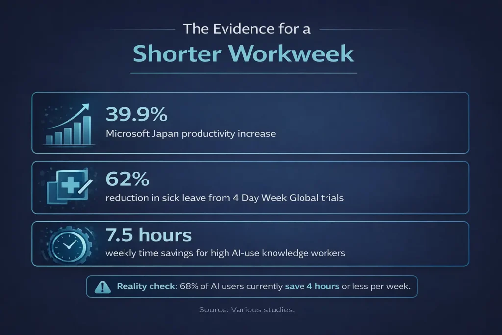 Infographic showing AI-driven reduced workweek statistics including Microsoft Japan 39.9% productivity increase and 4 Day Week Global results