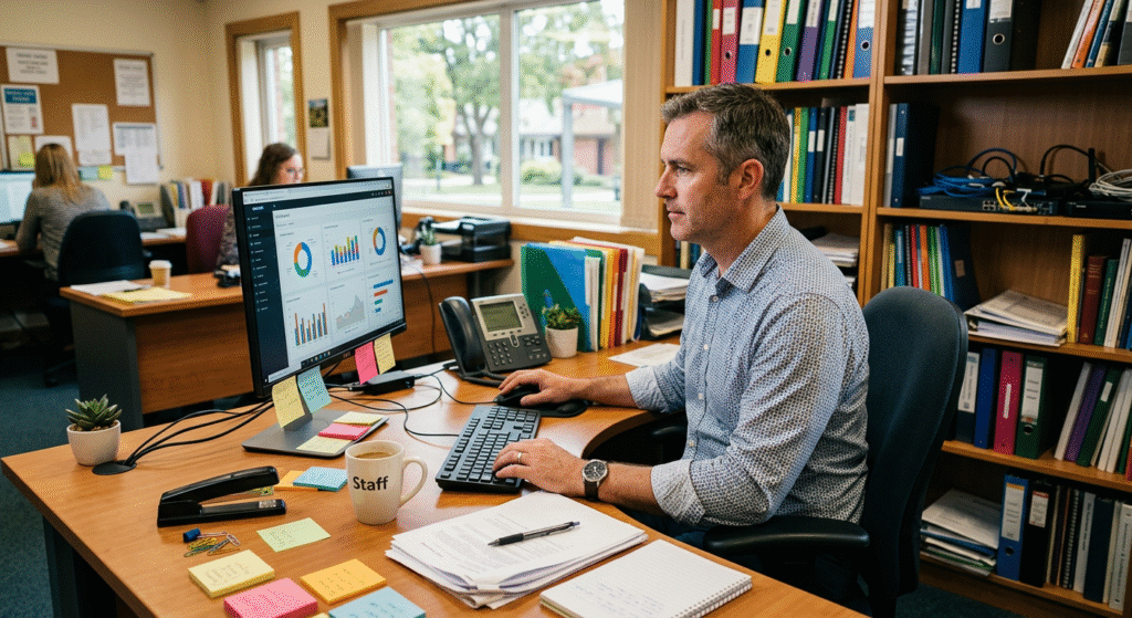 A school administrator setting up a digital hall pass system on a computer in a school office