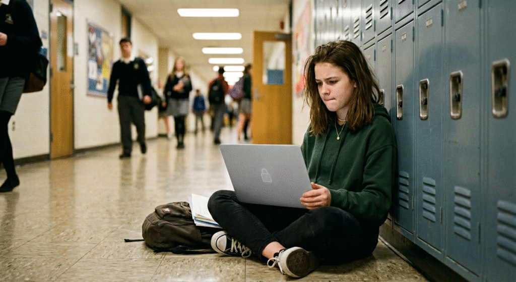 A teenage student in a school hallway looking at a laptop with a privacy lock icon on the screen