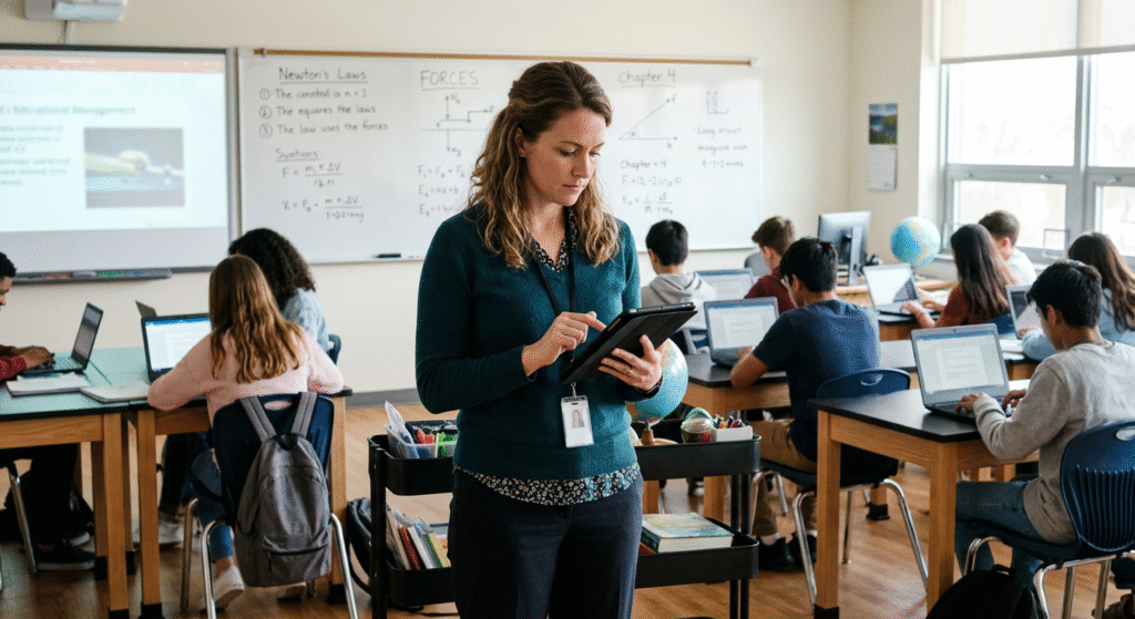 A teacher approving a student hall pass request on a tablet in a school classroom