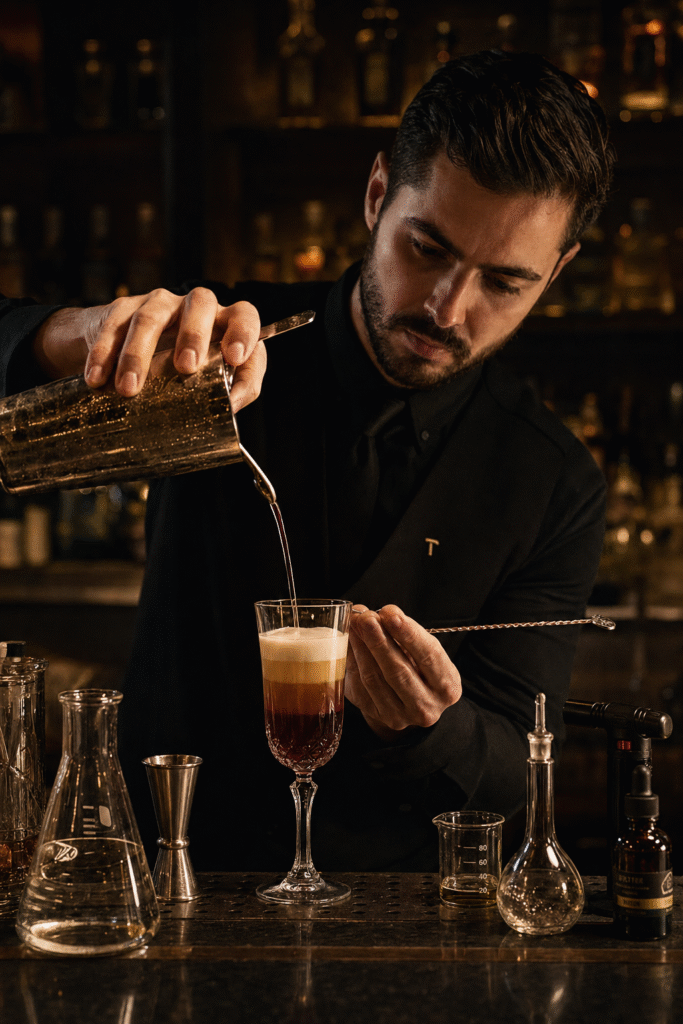  Artisan cocktail served at Handshake Speakeasy Mexico City with creative plating and, unexpected ingredients