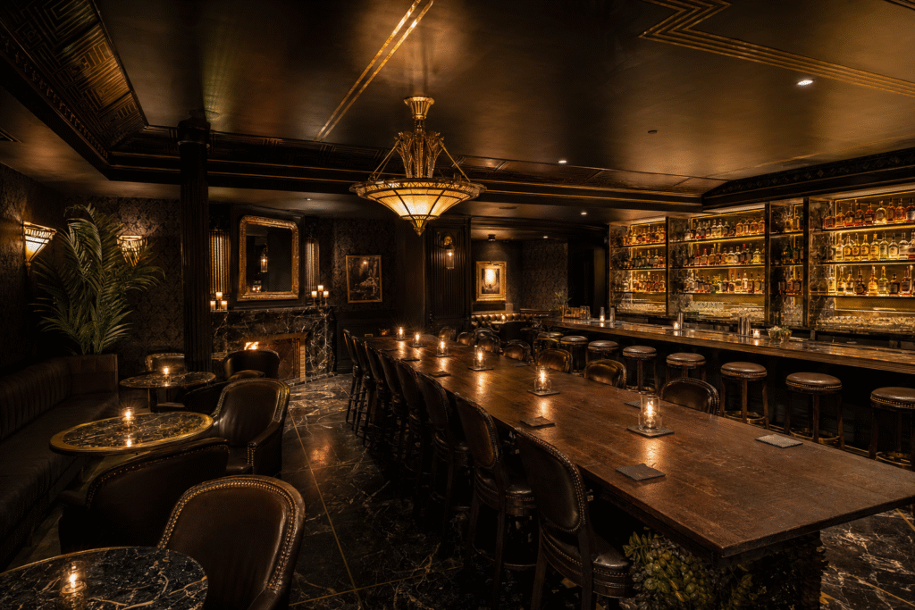 Intimate speakeasy bar seating with community table and bar counter at Handshake in Mexico City