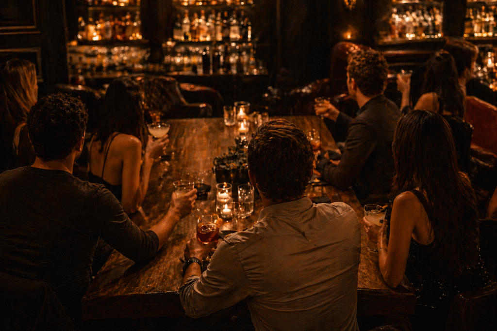 Guests enjoying cocktails at the community table inside Handshake Speakeasy