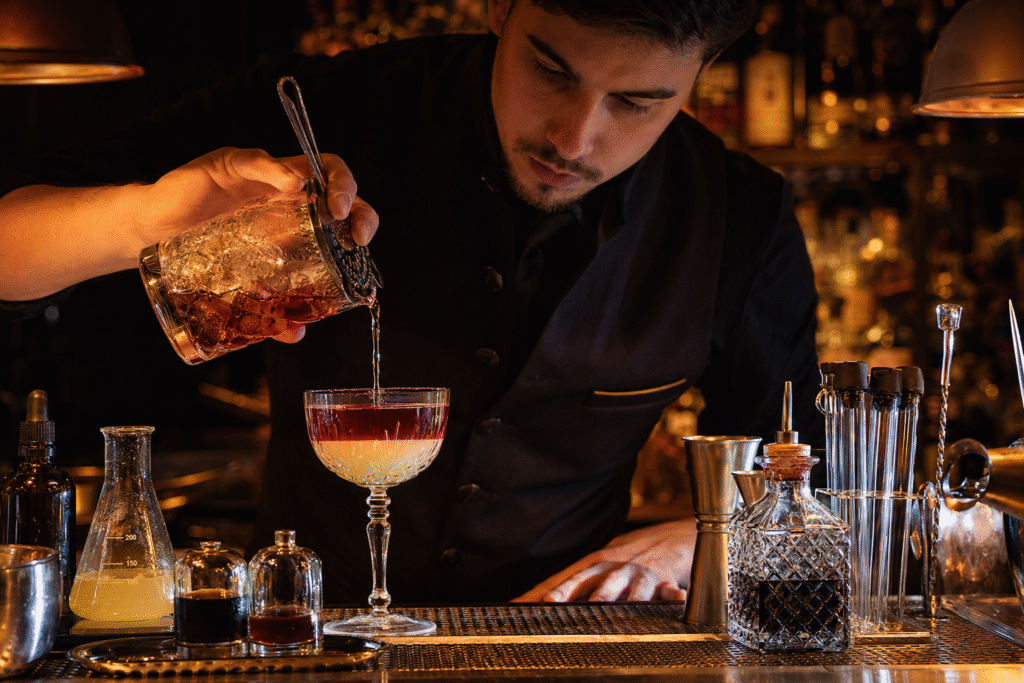 Bartender at Handshake Speakeasy preparing a molecular mixology cocktail using culinary science techniques