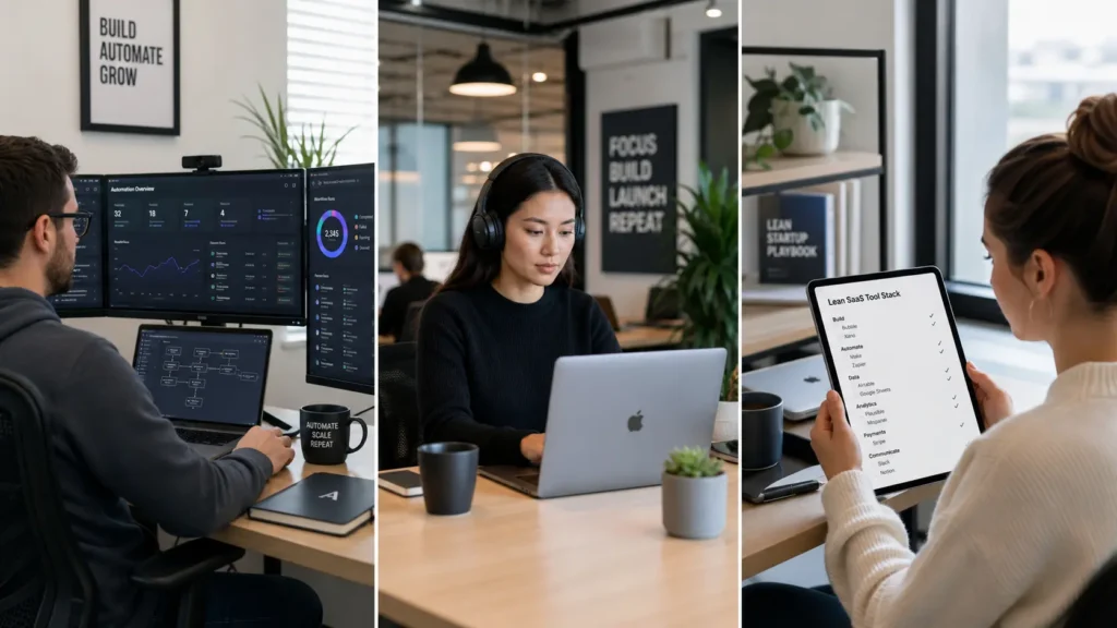 Remote-first lean startup team using automation dashboards and minimal SaaS tool stack to reduce overhead