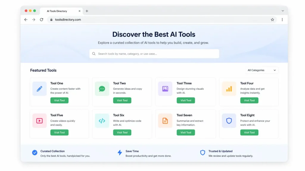 Example of a real affiliate directory website built with Lovable AI showing a clean tool listing layout