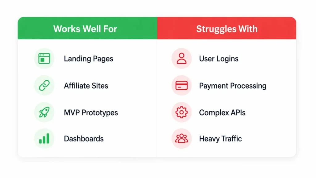Side by side comparison showing Lovable AI strengths on the left and limitations on the right
