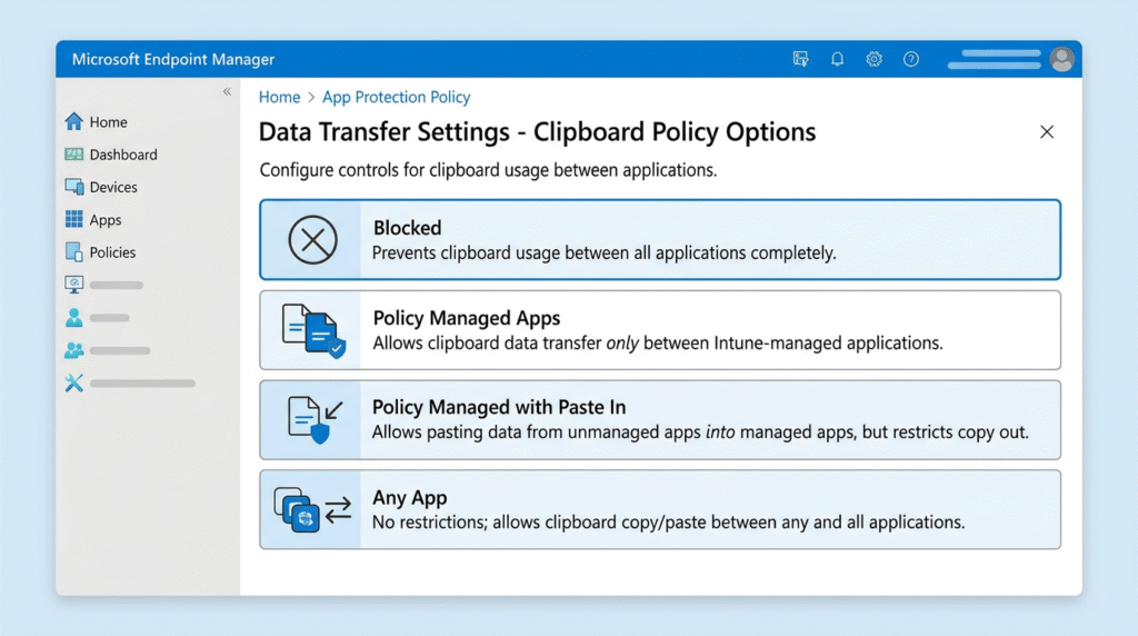 Microsoft Intune App Protection Policy clipboard restriction settings in Microsoft Endpoint Manage