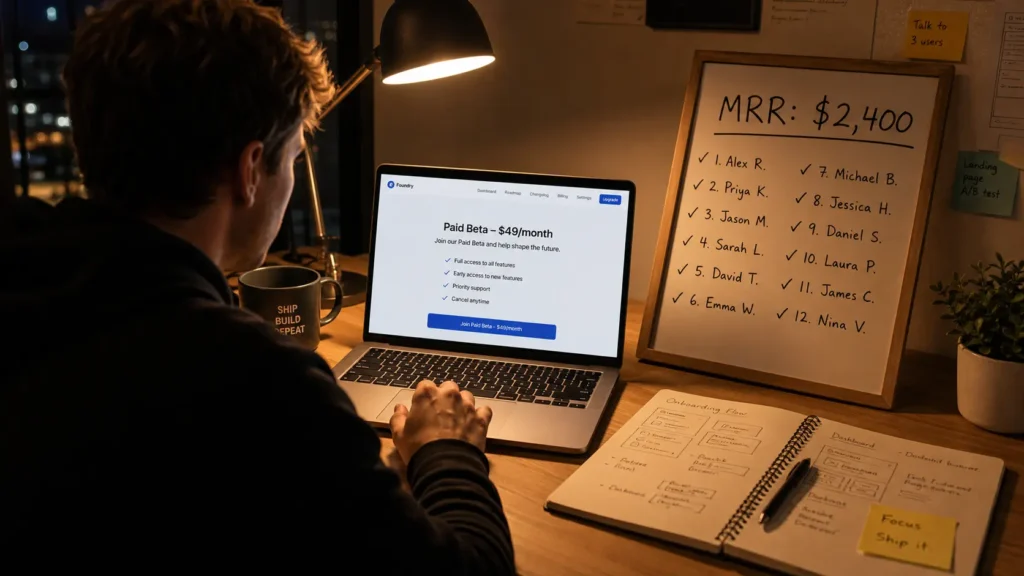 Bootstrapped founder's desk showing paid beta SaaS dashboard with early MRR and first paying customers list