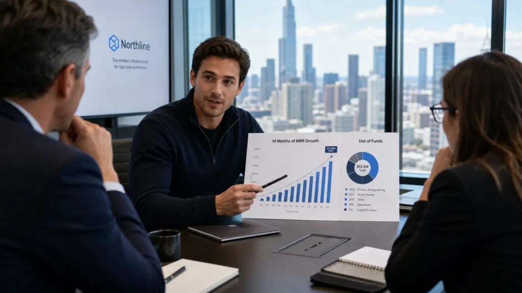 Confident bootstrapped founder presenting 14-month MRR growth chart to investors in boardroom meeting