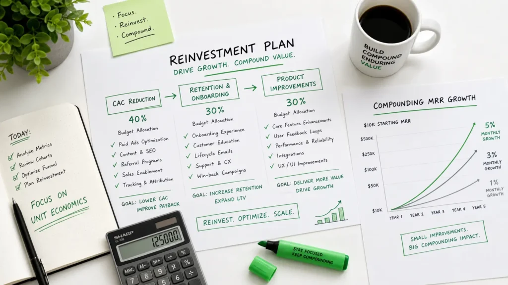 Top-down view of startup reinvestment plan showing CAC, LTV, and MRR growth chart for booted founders