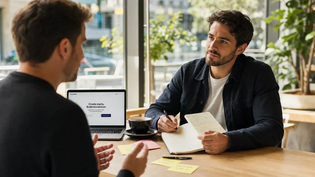 Startup founder conducting customer discovery interview at café to validate product demand before building