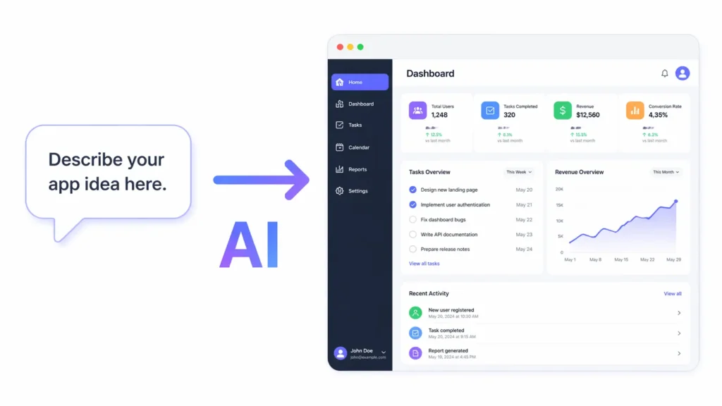 Illustration showing how vibe coding works by converting a plain English prompt into a working web app