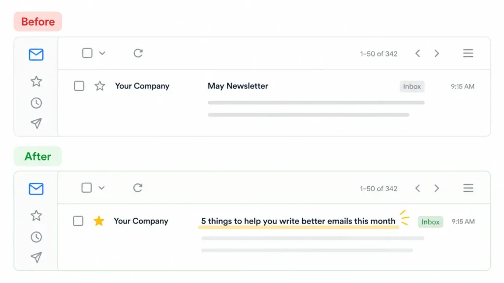 WIIFM email subject line before and after rewrite examples showing benefit-led phrasing