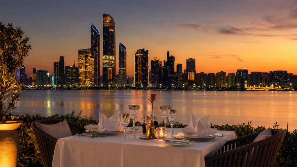 Abu Dhabi skyline with elegant fine dining table setting for World's 50 Best Restaurants 2026