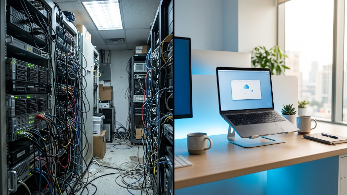 Comparison of physical server setup before cloud computing versus clean AWS cloud-based setup after