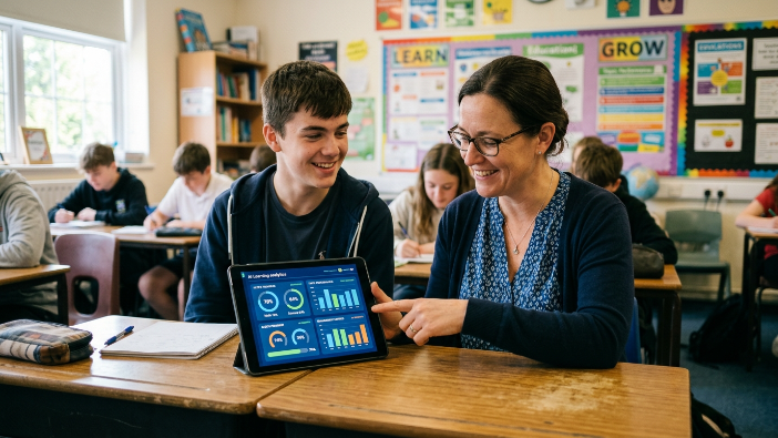 A teacher and student reviewing AI-generated learning progress data on a tablet