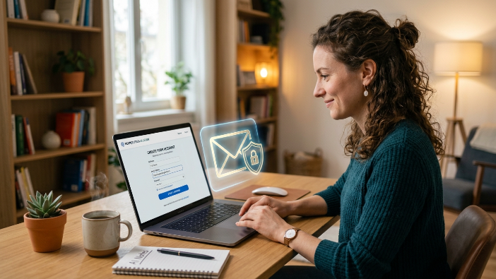 A person signing up for an AI learning platform using a temporary email on a laptop