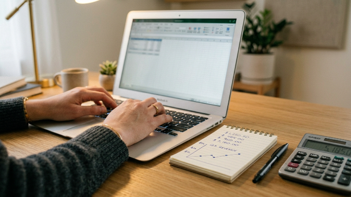 A professional reviewing online MBA program tuition costs on a laptop with a calculator and financial notes nearby