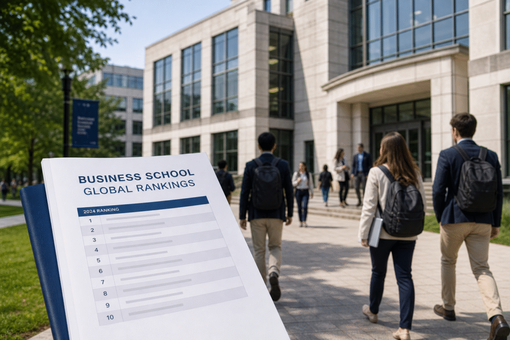 Comparison chart of top online MBA programs ranked by Financial Times, QS, and US News in 2026