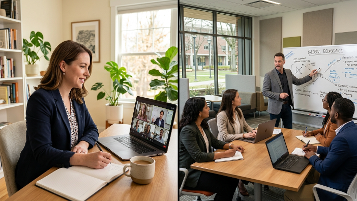 Split scene showing a student attending an online MBA class on a laptop at home versus a traditional classroom setting