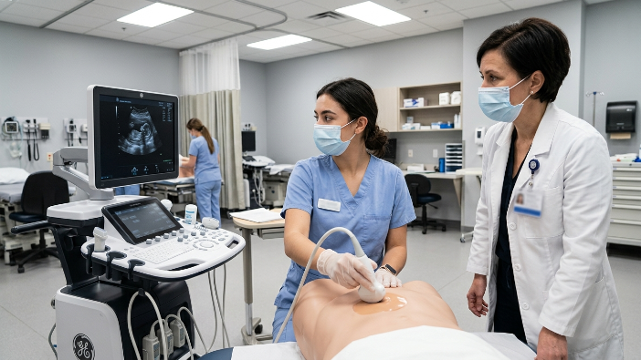 sonography student completing clinical training hours with ultrasound transducer