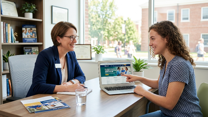 student meeting with college advisor to choose accredited sonography program