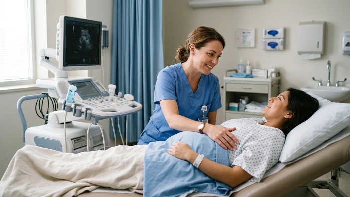 ultrasound technician communicating with patient before sonography procedure