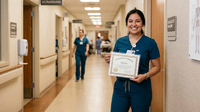 ultrasound technician holding ARDMS certification credential