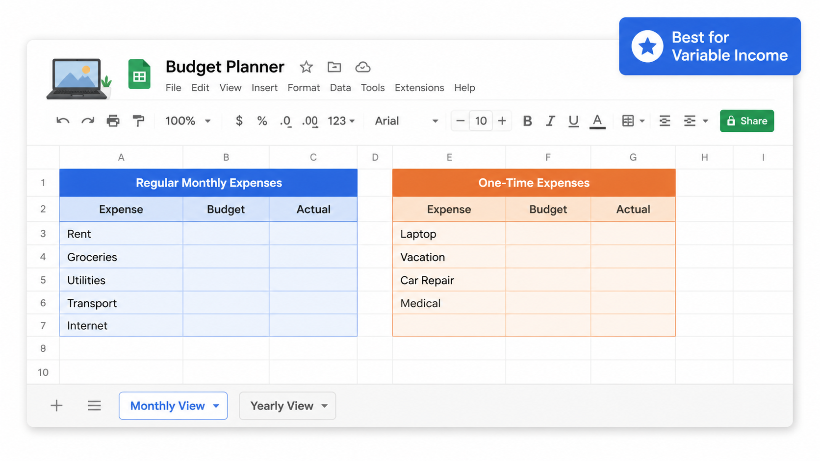 Budget planner template for Google Sheets by 20 Something Finance for freelancers with variable income