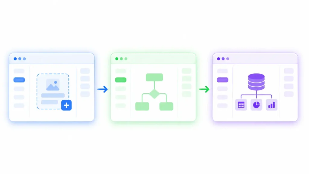 BOLT AI Three-panel comparison layout, blue, green, and purple accents, flat vector, abstract and generic