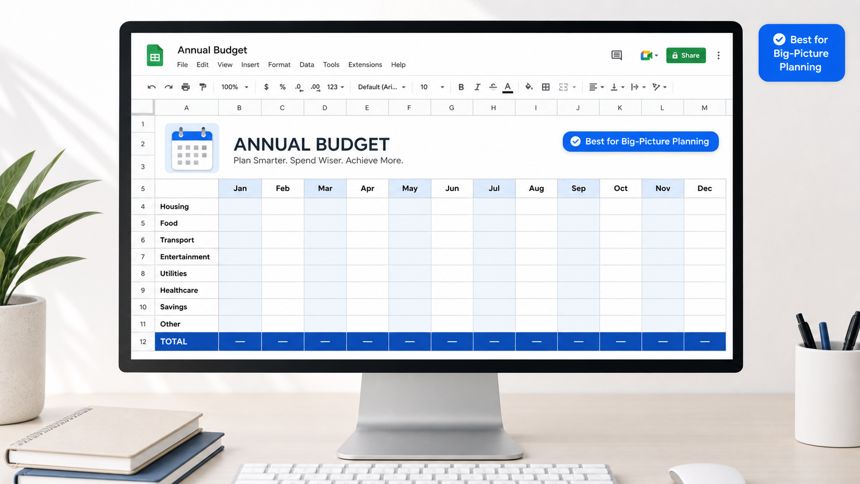 Google Sheets annual budget template showing 12-month overview for big-picture financial planning