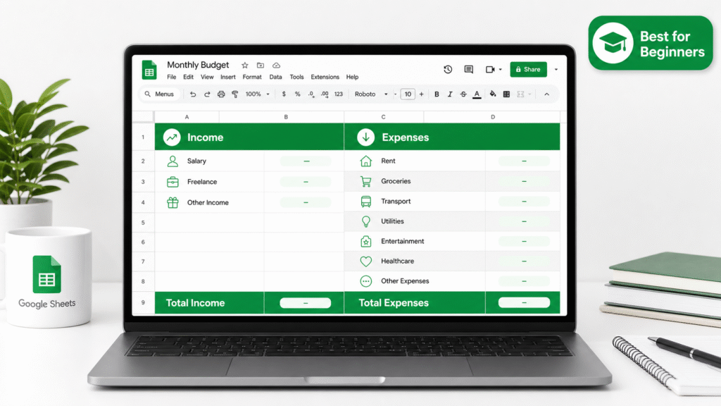 Google Sheets native monthly budget template for beginners with income and expense tracker