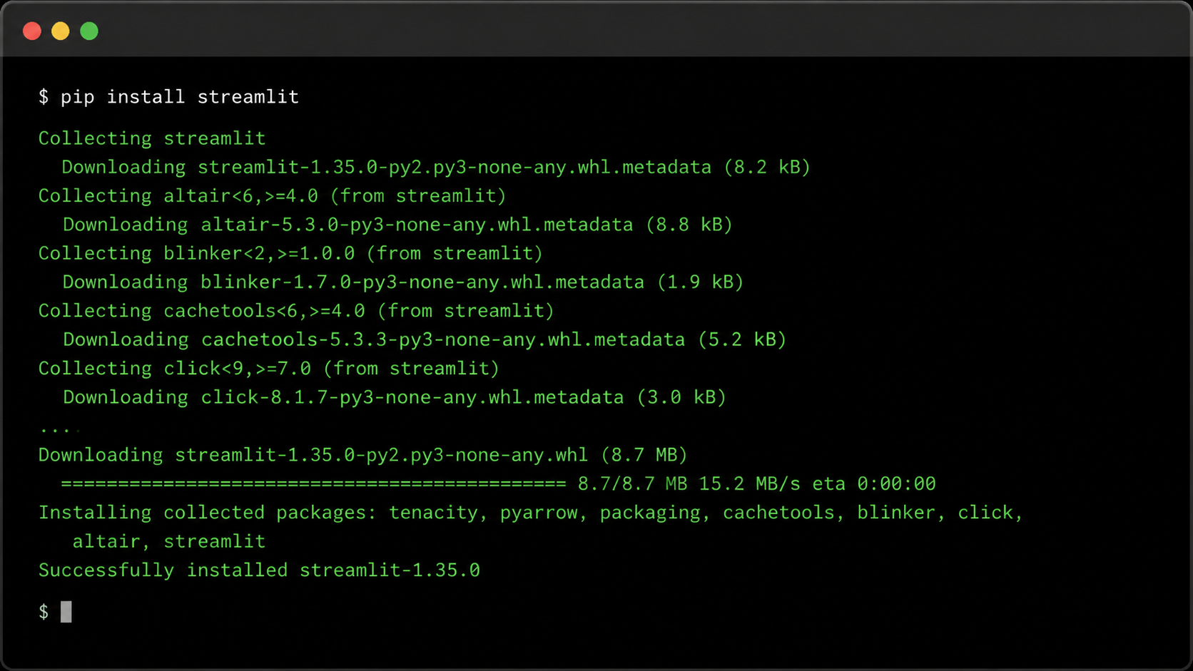 pip install streamlit command running in terminal