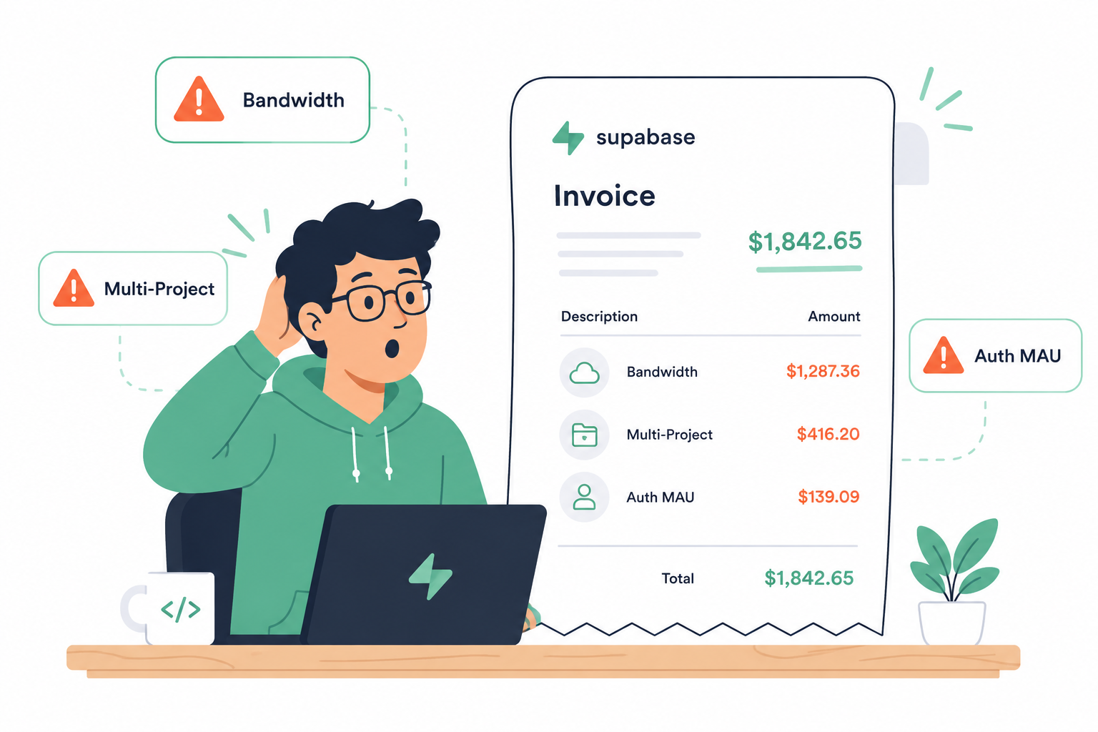 Developer reviewing unexpected Supabase hidden costs including bandwidth and auth MAU